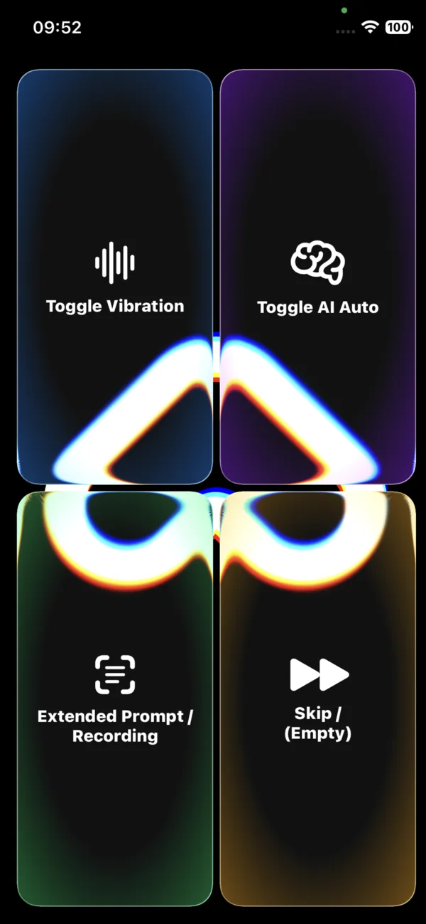The Ariadne Sense app screen with four buttons: top left is vibration, top right is the automatic AI assistant, bottom left is extended description and recording, bottom right is skip.